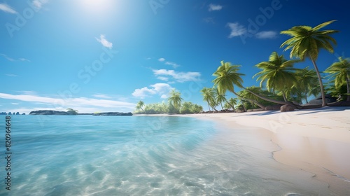 Panoramic view of a beautiful tropical beach with palm trees.