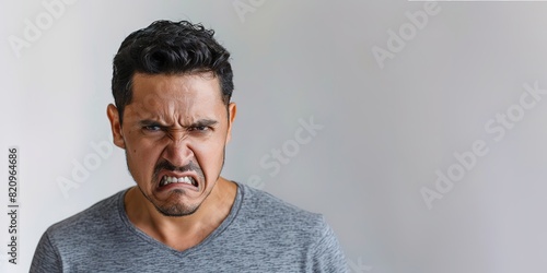Angry man with furrowed brows and frowning mouth expressing disp