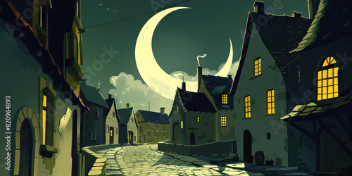 A delicate white moon smiles down upon a sleepy village, casting eerie shadows across cobblestone streets