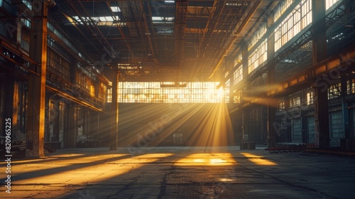 Empty building structure with sunlight streaming through steel beams.