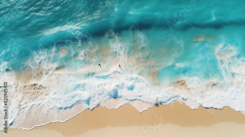 Sea beach drone shot from above tropical blue ocean white foamy waves lapping on the shore.