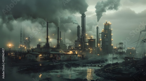 A foreboding  steel-clad factory exterior  with plumes of smoke and steam illuminated by flickering industrial lights  embodying the raw  untamed energy of manufacturing