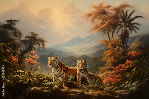 tropical style painting of bengal tigers at sunset in a tropical jungle setting orange foliage and hues.
