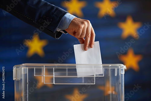 Male hand drops ballot paper in ballot box against of the European Union flag. European Parliament elections. Politic and voting concept. Background or banner with copy space © ratatosk