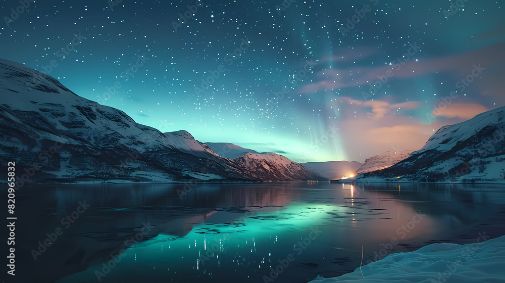 Aurora norther lights over a norwegian fjord at night beautiful green blue starry sky above.