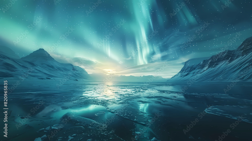 Icy northern coastal landscape with the norther lights dancing in the sky reflecting in the snowy icy waters at sunset. 