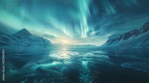 Icy northern coastal landscape with the norther lights dancing in the sky reflecting in the snowy icy waters at sunset.  photo