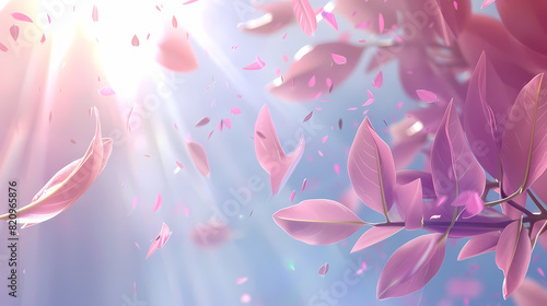 Flying leaves effect with mild sunbeam in 3d illustration vector