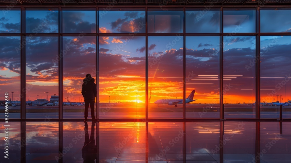 custom made wallpaper toronto digitalAirport scene with person observing airplane and vibrant sunset colors through windows