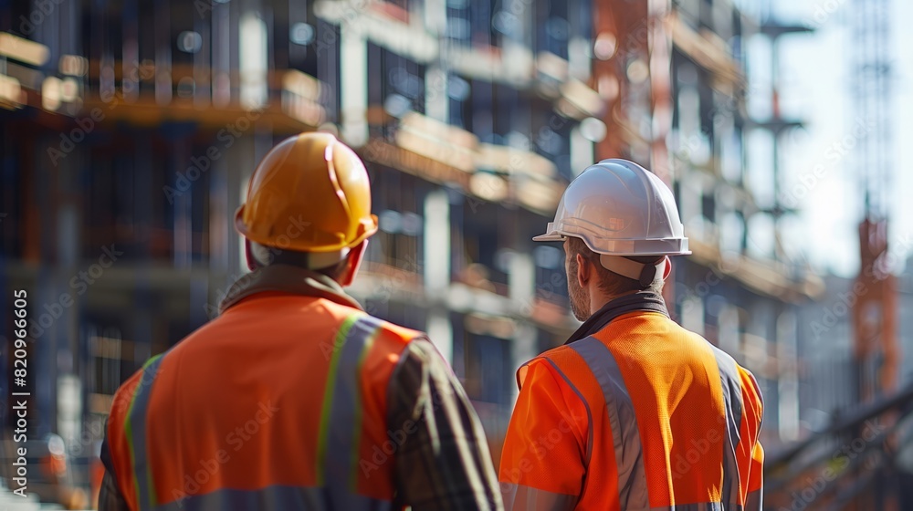 Back view of construction workers discussing project on an active site. Back view of construction workers discussing project on an active site.
