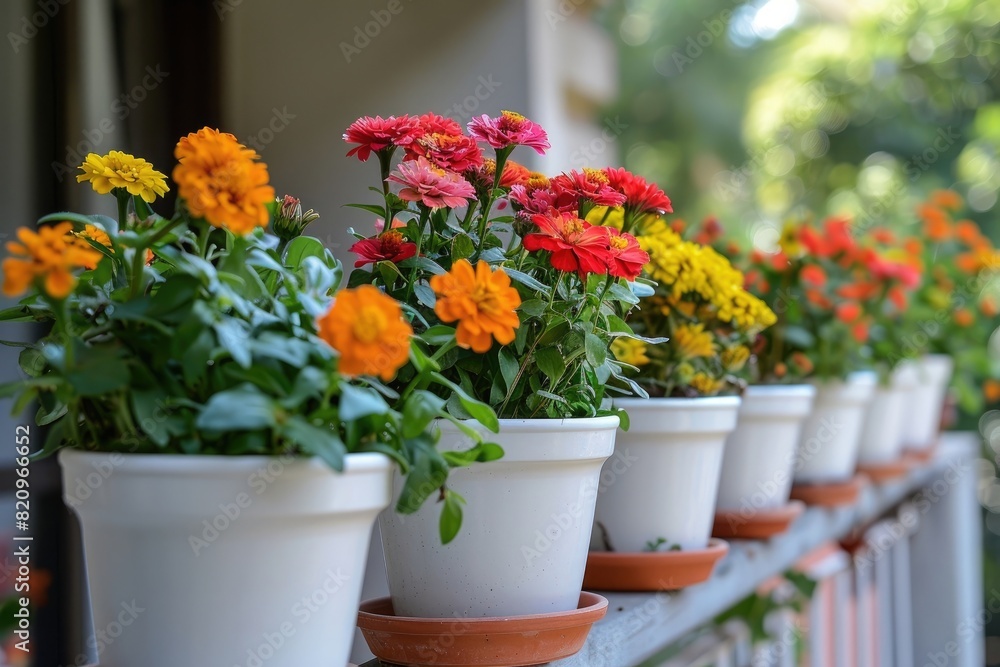 A balcony railing adorned with classic white terra cotta pots filled with cheerful marigolds, zinnias, and sunflowers, bringing a burst of summertime color to a city apartment