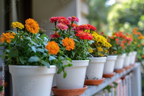 A balcony railing adorned with classic white terra cotta pots filled with cheerful marigolds  zinnias  and sunflowers  bringing a burst of summertime color to a city apartment