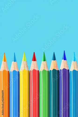 A detailed illustration of a set of colorful pencils and pens arranged in a neat row, isolated on a solid light blue background, perfect for educational or creative themes.