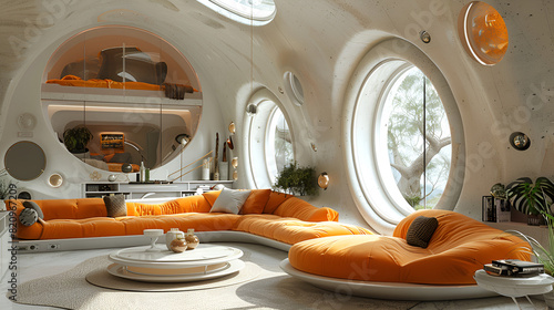 Vintage Styled Interior of a Futuristic Concept  Futuristic style living room interior white round sofa and orange pillows huge round windows