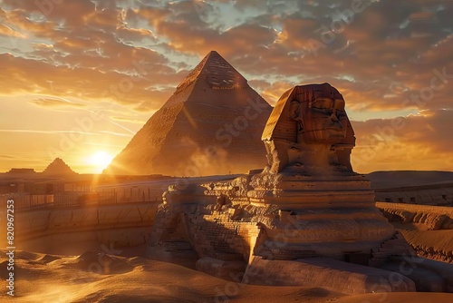 mysterious ancient egyptian sphinx and pyramids at sunset historical landmark landscape