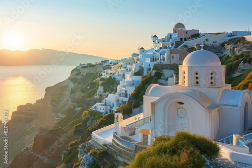 A beautiful white church with a blue dome sits on a hill overlooking the ocean photo