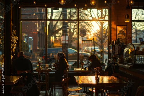 A group of people are sitting in a cafe, enjoying the sunset