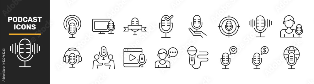 Podcast web icons in line style. Microphone, radio, webcast, audio, video, news, collection. Vector illustration. Podcast web icons in line style. Microphone, radio, webcast, audio, video, news, collection. Vector illustration.
