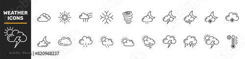 Set of 20 weather web icons in line style. Weather , clouds, sunny day, moon, snowflakes, wind, sun day. Vector illustration.
