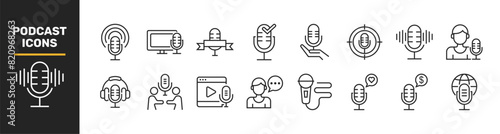 Podcast web icons in line style. Microphone, radio, webcast, audio, video, news, collection. Vector illustration.