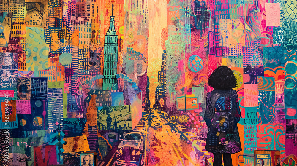 Fototapeta premium Artistic depiction of a woman sightseeing in a bustling city, with abstract patterns and vibrant colors