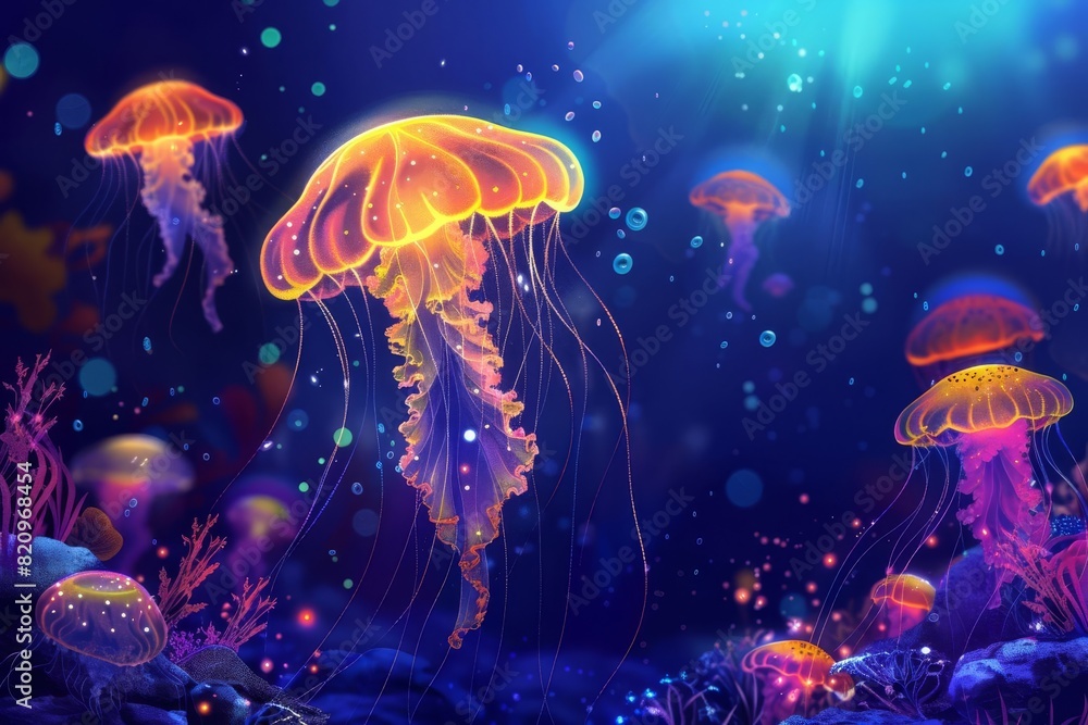mysterious glowing jellyfish in the deep ocean underwater fantasy illustration mysterious glowing jellyfish in the deep ocean underwater fantasy illustration