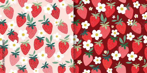 Strawberry seamless patterns set with colorful fruits and flowers, summer decorative wallpaper, background © lilett