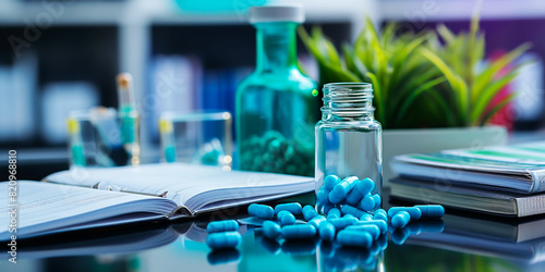 Medicine pills and open book on desk in research environment. Pharmaceutical study concept. photo