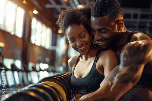 Couple smiling, lifting weights in gym, enjoying workout, strong, fit and healthy lifestyle.