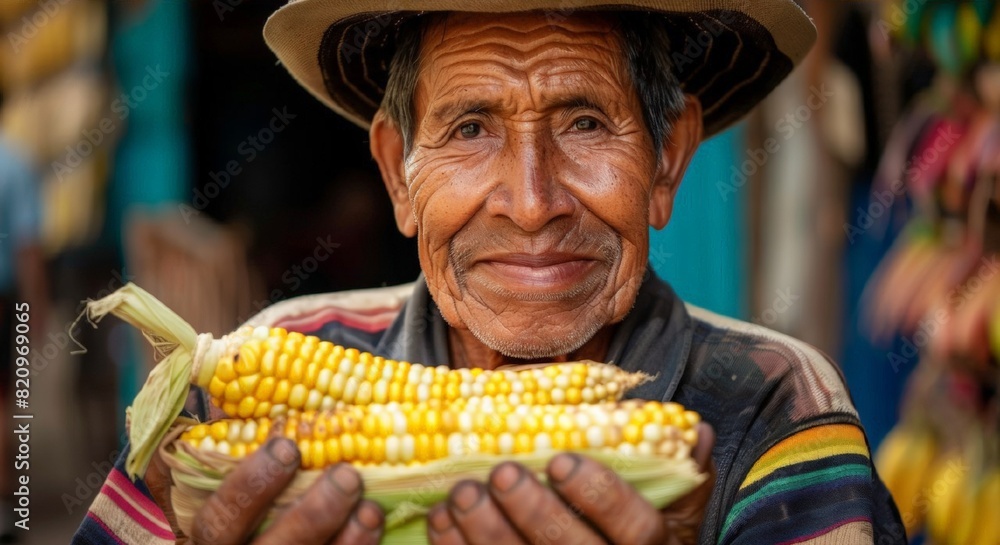 A Mexican street vendor with corn. An elderly man is selling corn cobs on the street. A Mexican farmer sells corn.