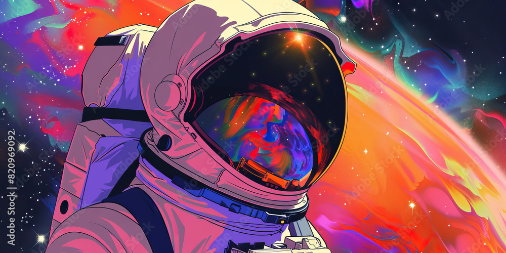 A colorful cosmic landscape unfolds behind a spacesuit-clad astronaut, their helmet visor reflecting the distant stars