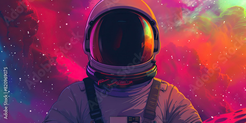 A colorful cosmic landscape unfolds behind a spacesuit-clad astronaut, their helmet visor reflecting the distant stars