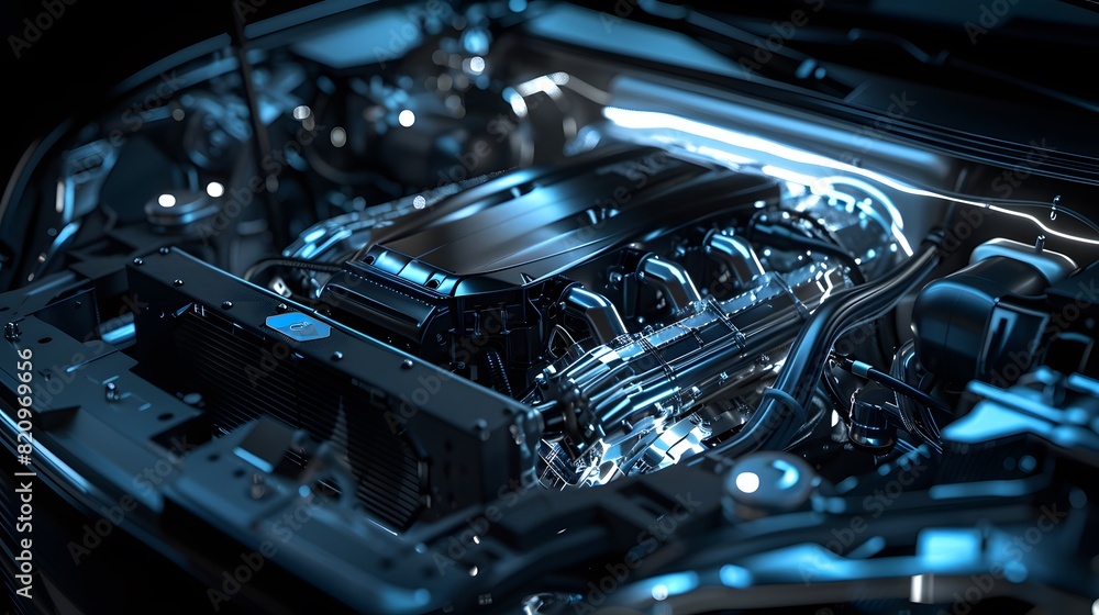 An electric vehicle's engine bay, highlighted in a dark setting with sharp, modern lighting, emphasizing its clean design and advanced technology An electric vehicle's engine bay, highlighted in a dark setting with sharp, modern lighting, emphasizing its clean design and advanced technology