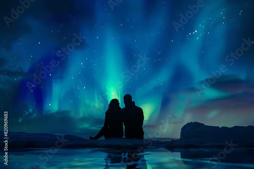 romantic couple silhouettes watching northern lights aurora borealis landscape