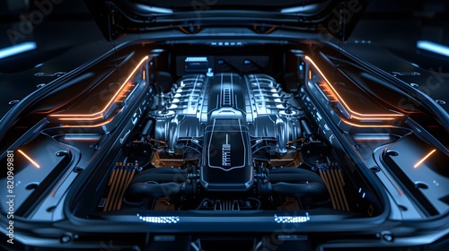 An electric vehicle's engine bay, highlighted in a dark setting with sharp, modern lighting, emphasizing its clean design and advanced technology