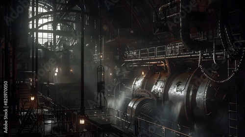 A dark, industrial scene featuring a massive ship engine, with steam and shadows adding to the atmosphere of power and engineering prowess photo