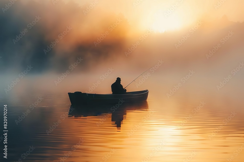 serene misty lake with silhouette of fisherman in boat at sunrise landscape photography