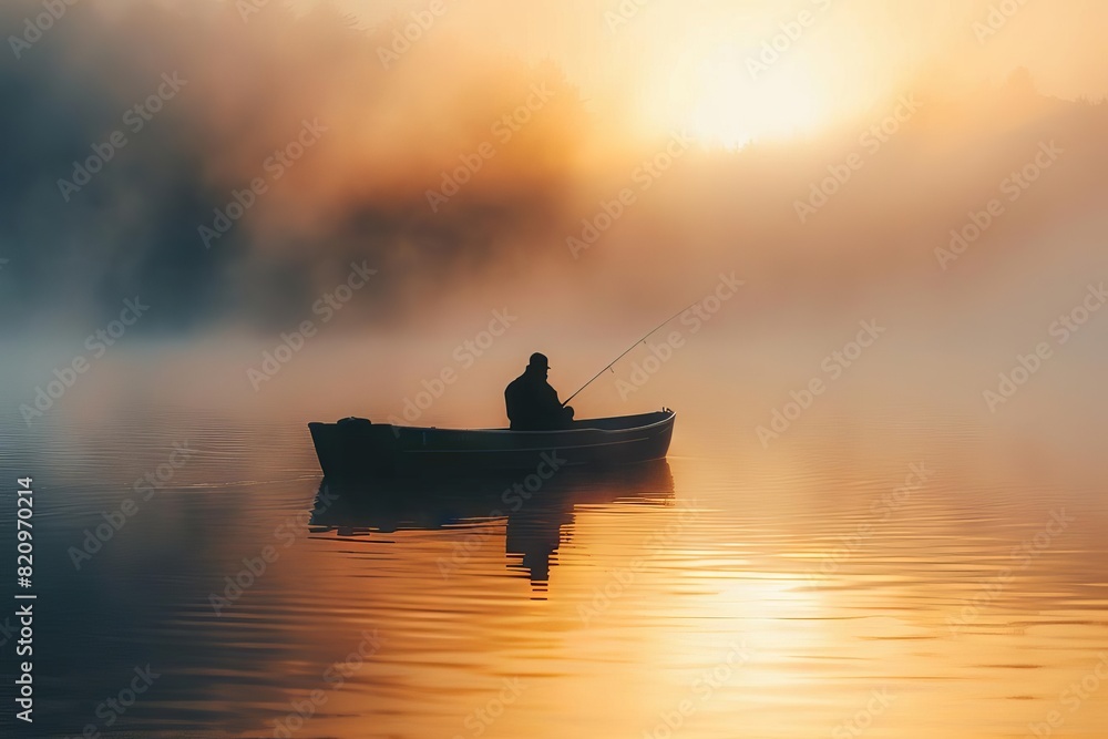serene misty lake with silhouette of fisherman in boat at sunrise landscape photography serene misty lake with silhouette of fisherman in boat at sunrise landscape photography