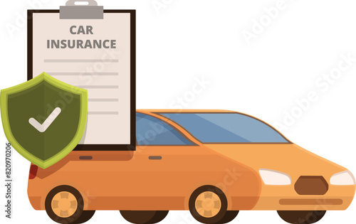Vector graphic illustration of car insurance concept with shield, policy, and automotive safety symbol for financial protection and risk management in the automotive industry
