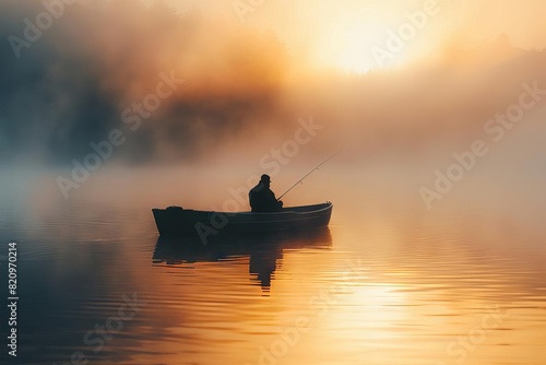 serene misty lake with silhouette of fisherman in boat at sunrise landscape photography #820970214
