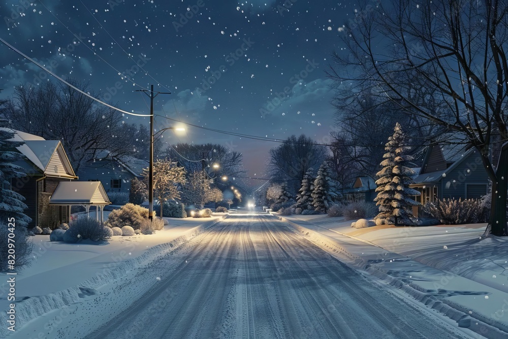 serene suburban street blanketed in fresh snow on cold winter night road remains clear aigenerated landscape serene suburban street blanketed in fresh snow on cold winter night road remains clear aigenerated landscape