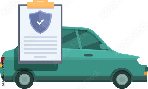 Illustration of a car insurance concept with a vector graphic of a clipboard. Documents. And a shield to represent the safety. Protection