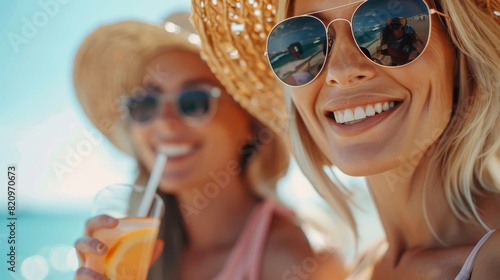 Smiling Young Women in Sunglasses Holding a Cocktail Drinks on Sunny Sunner Beach. Generative ai photo