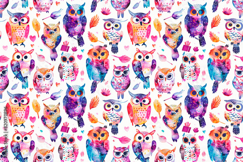 Colorful owl pattern with whimsical watercolor owls and hearts on a light background. Seamless tile perfect for children's decor, fabric, or crafts. Playful and charming ornamentation
