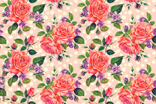 Wallpaper Mural Vintage floral pattern featuring pink roses and purple flowers on a polka dot background. Seamless tile perfect for decor, fashion, or fabric projects. Romantic and charming ornamentation. Torontodigital.ca