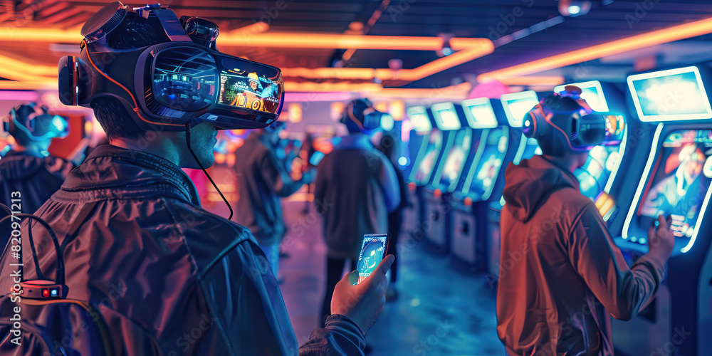 The Augmented Reality Arcade: A bustling arcade filled with players wielding augmented reality goggles, interacting with holographic game screens The Augmented Reality Arcade: A bustling arcade filled with players wielding augmented reality goggles, interacting with holographic game screens