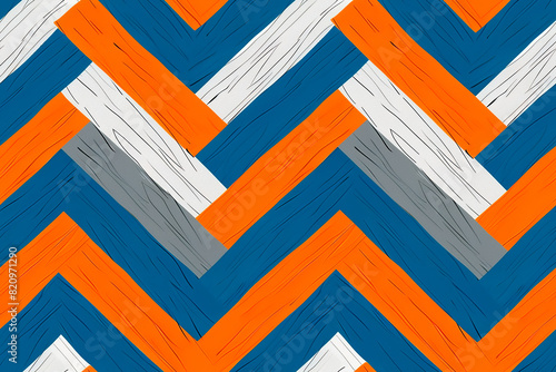 A chevron pattern with blue, orange and white stripes