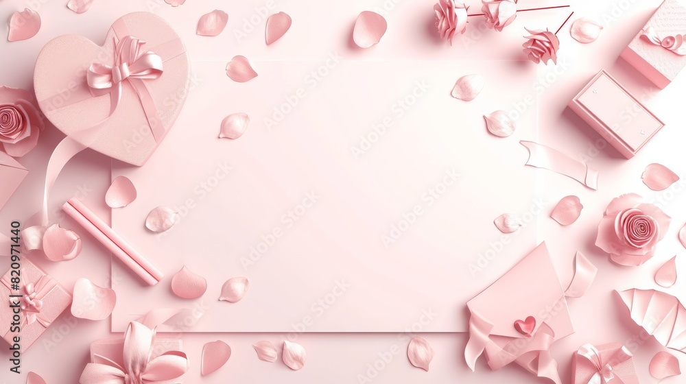 Birthday gift box, greeting card, pink candy background, silk, rose petals. Women's Day greetings, Valentine's Day greetings, gift hearts, Online holiday concept, Top advertising background 
