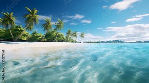 Panoramic view of tropical beach with palm trees and blue sky
