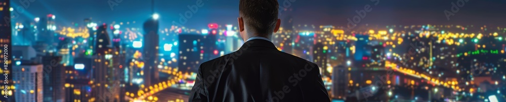 Man in a suit gazing at city lights, evening, modern skyline, panoramic view, serene and reflective Man in a suit gazing at city lights, evening, modern skyline, panoramic view, serene and reflective